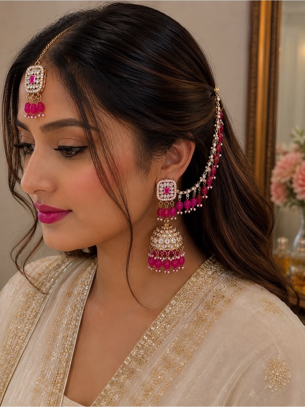 Gold and Hot Pink Kundan Jhumka Earrings with Maang Tikka - Women Jewelry